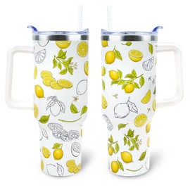 WENININOK - Vaso de limón de 40 onzas con asa y tapa de popote, a prueba de fugas, taza de limón para regalos de cumpleaños de Navidad para mujeres y niñas, taza de acero inoxidable