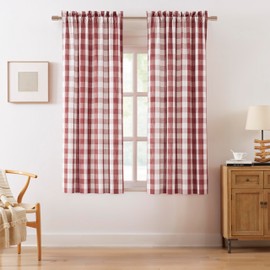 Bapawfish Red White Buffalo Plaid Semi Sheer Curtains 72 Inches Long,Burgundy Rustic Checkered Drapes for Bedroom Living Room,Gingham Light Filtering Window Treatment,Rod Pocket Top,40" Wx72 Lx2