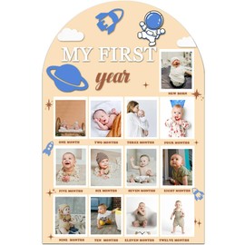 GotGala My First Year Wooden Photo Board, 23x15-inch Large Size 12 Months Milestone Photo Board Baby’s First Year Picture Frame for Outer Space Themd 1st Birthday Baby Shower Party Decorations