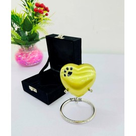 Yellow Heart Premium Cremation Urn With Black Pet Foot Print Design for Ashes Keepsake with Stand Best Gift For Your Love