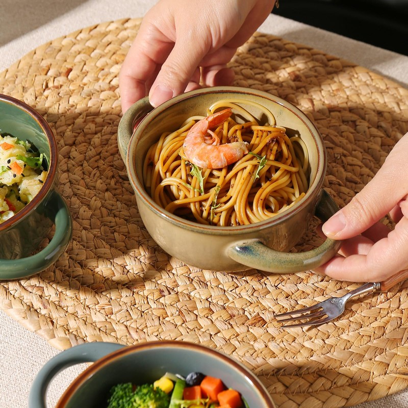MONITO Ceramic Salad Bowl with Handles, 16 oz French Onion