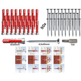 Fischer Duopower Dowel with Screws and Bit, Universal Dowels, Powerful 2K Dowels, for Mounting in Concrete, Bricks, Stone, Plasterboard (6 x 30 mm + 4.5 x 45 mm Screws, Pack of 50)