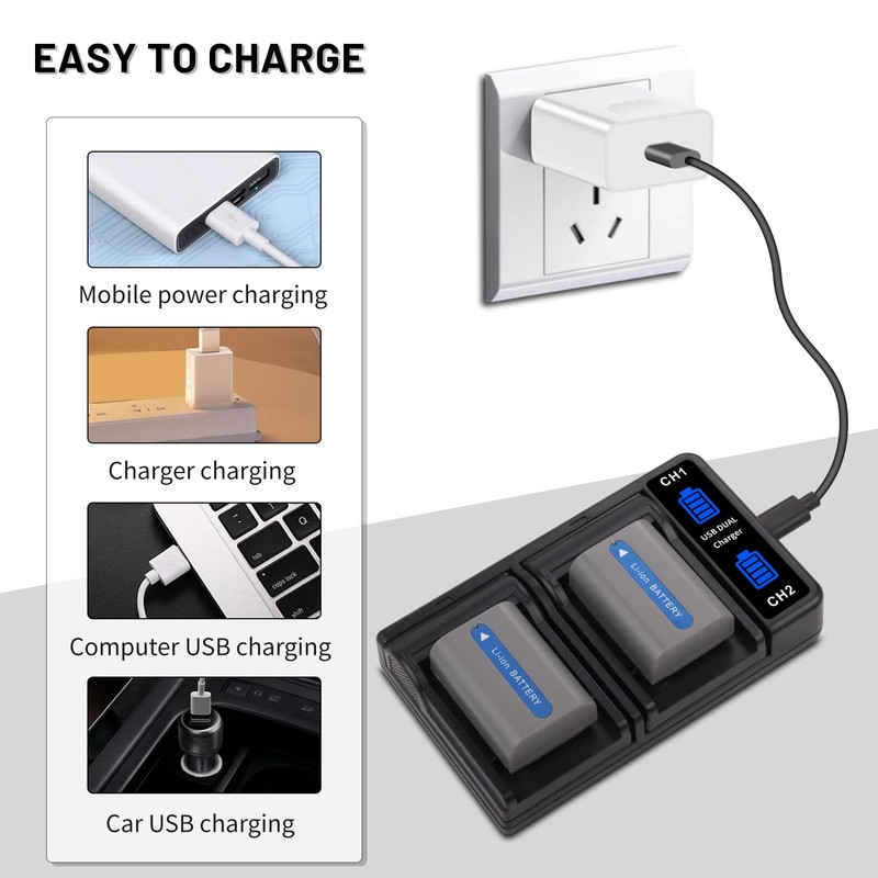2-Pack NP-FP50 Battery with Dual Charger for Sony NP-FP30 NP-FP60
