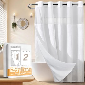 River Dream Waffle No Hook Shower Curtain with 2 Snap in Liners,White,71x74