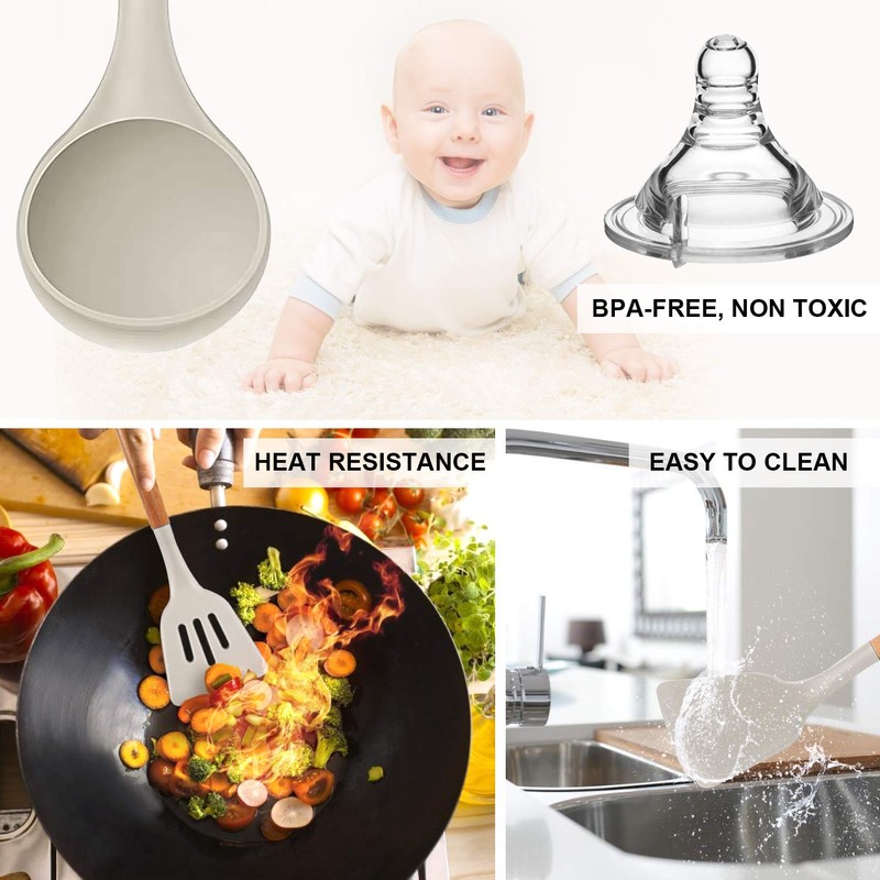MIBOTE Silicone Cooking Kitchen Utensils Set with Holder, Wooden Handles