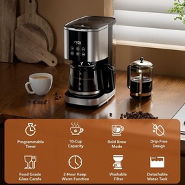 COWSAR 10-Cup Coffee Maker, 24-Hour Programmable Coffee Brewer, Keep Warm, Drip Free, Washable Filter, Stainless Steel, Black