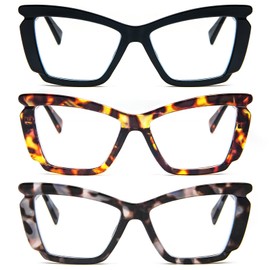 MMOWW Cat Eye Reading Glasses for Women 3 Pack Fashion Cute Blue Light Blocking Computer Readers with Spring Hinge Filter UV Lenes +1.5