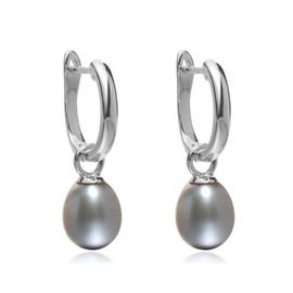 Jo & Co. Freshwater Cultured Pearl and 925 Sterling Silver Rhodium-Plated, Lyre Shaped Hoop and Drop Earrings, 8 X 10 mm Silver Grey Pearl, Detachable Pearl, Some Variation in Colour Tone May Occur