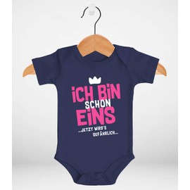 MoonWorks® Baby Bodysuit with German Text "Ich Bin Schon 1 jetzt wird's gefährlich (German Language") Short Sleeve Cotton Bodysuit with Funny, I Am 1 Navy-Pink