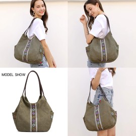 Worldlyda Women Canvas Hobo Purse Multi Pocket Tote Shopper Shoulder Bag Casual Top Handle handbag with Embroidery Ethnic Army Green