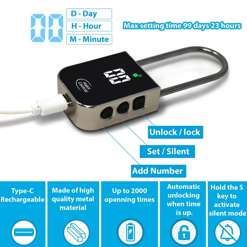 Habit Control Metal Timer Lock - Smart Padlock for Kitchen