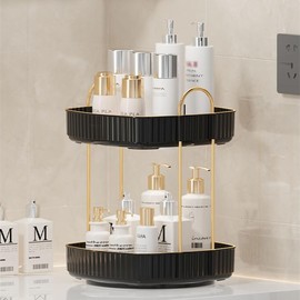 CESTATIVO Organizador de maquillaje giratorio de 360°, organizador de baño giratorio para encimera, organizador de cosméticos de gran capacidad para el cuidado de la piel para cambiador de baño (negro, 2 niveles)