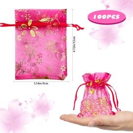 100 PCS Small Organza Bags Mesh Jewelry Bags with Drawstring Gift Bags 3.54X4.72 Inches Sample Display for Wedding Party Favor Candy Bags Hot Pink