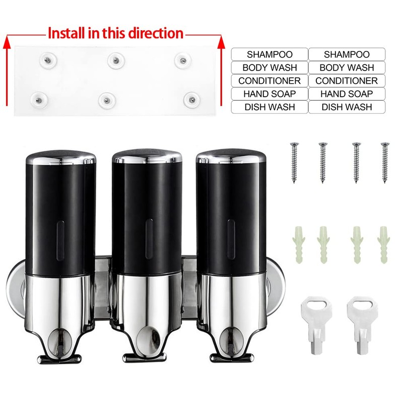 No-Drill 3 Pack 500ml Wall Mounted Soap Dispenser for Bathroom