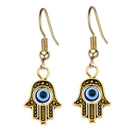 Hamsa Hand Themed Earrings Dark Blue Eye - Handmade