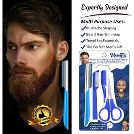 Tijeras de bigote Kit de aseo Peine – Movember Travel Razor - Cortador de barba para hombre con borde recto de acero inoxidable para hombres después de color negro, cepillo para polvo de lavado de