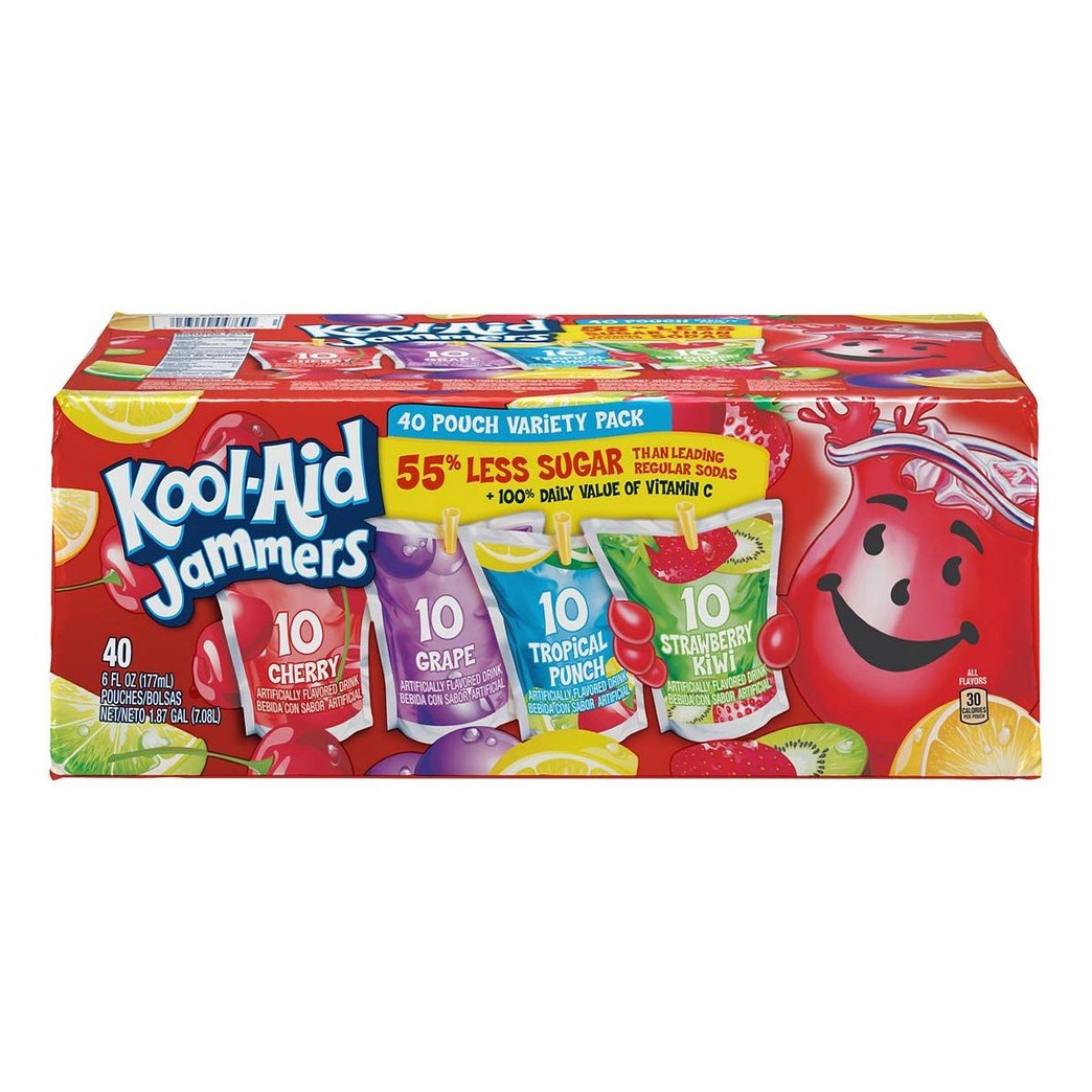 Kool-Aid Juice Jammers, Includes (40) 6-fl.-oz. Pouches with Classic Kool-Aid flavors Cherry, Grape, Tropical Punch and Strawberry Kiwi