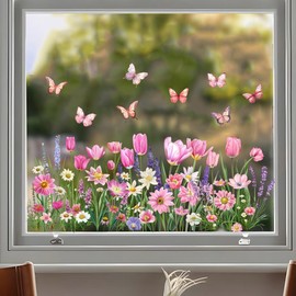 Spring Grass Flower Butterfly Wall Sticker PVC Material Removable Wall Sticker Cupboard Bathroom Glass Sticker DIY Double-sided Printing Can Be Repositioned (Tulip)