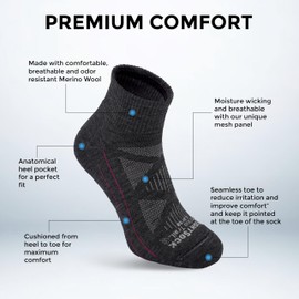 Wrightsock Merino Trail Quarter Hiking Socks for Men and Women - Cushioned, Eco-Friendly and Anti Blister Socks with Enhanced Breathability - American Made with Extra Comfort