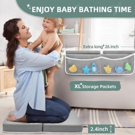 IFNOW Baby Bath Kneeler and Elbow Rest Pad Set - 26'' Extra Long and 2.4'' Thick, Quick Dry Kneeling Pad for Bathing Baby with Knee & Arm Support, Foldable Non-Slip Bathtub Mat with Toys Organizer