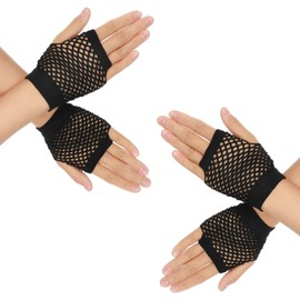 2 Pairs Fingerless Fishnet Gloves Stretch Mesh Gloves Women 80s Short Retro Gloves Emo Goth Scene Cosplay Costume Party Accessories (black)
