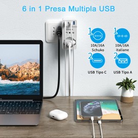 TOPREK Presa Multipla USB Salvaspazio with 4 USB (C1 20W PD3.0), Spina Italiana, 6-in-1 Adattatore Multipresa Elettrica da Muro con 1 Schuko & 1 Prese IT & 2 Type-C & 2 Type-A, 4000W/16A (Bianco)