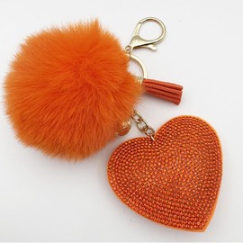 Unpafcxddyig Pom Pom Keychain Fluffy Ball Tote Pendant with Tassels Heart Crystal Rhinestone for Car Phone Key Ring Bag Charm,orange