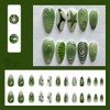 24Pcs Long Almond Press on Nails Green Fake Nails Fishbone