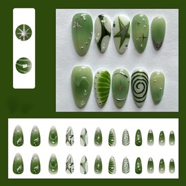 24Pcs Long Almond Press on Nails Green Fake Nails Fishbone Line Silver Star 3D Water Ripple Design French Tips Glue on Nails Glossy Full Cover False Nails Decor Salon Manicure Supplies for Women