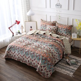 DaDa Bedding Bohemian Bedspread Set w/ 1 Pillow Sham - Coral Teal Floral Paisley Botanical Garden Party Reversible Coverlet - Bright Vibrant Multi-Colorful Blue Salmon Pink - Twin Size - 2-Pieces