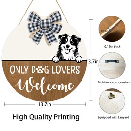 Only Dog Lovers Welcome Sign,Cute Dog Front Door Sign,Round Welcome Wooden Door Hanger Sign for Home,Dog Wall Art Decor with Buffalo Plaid Bow,13.7''x13.7''