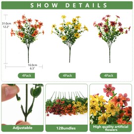 Homsunny Artificial Fall Fake Mums Flowers for Outdoor Decorations, 12 Pcs Faux Plants UV Resistant Realistic No Fade Planter Look Real for Garden Porch Patio Window Autumn Decor(Yellow Brown Orange)