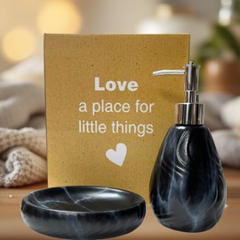 Ceramic Soap Dispenser and Soap Dish Set, Marbled Elegant Bathroom Decor with Non-Slip Base, Modern Hand Wash Bottle & Soap Tray for Bathroom Sink Countertop, Kitchen, Spa (Black)