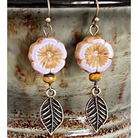 Bronze Leaves, Grayish Lavender Flower and Pumpkin Bead Earrings Jewelry Earrings for Women #3298FE3242