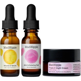 MAD HIPPIE Mini kit aclarante Skin Brightening incluye Serum de vitamica C 30ml, exfoliante de AHA 30ml y crema de Noche Triple C ultrahidratante 60g