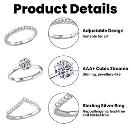 3Pcs Rings, Sterling Silver Ring, Adjustable 925 Sterling Silver Rings, Stackable Silver Ring for Women with Small Diamond Line, V-Line and 1 Carat Diamond Ring, Elegant Jewellery Gifts for Women
