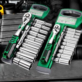 Ratchet Socket Wrench Set 3/8 Inch Drive, Mechanic Tool Kit with 8mm-19mm Metric Sockets, Release Ratchet Handle and Extension bar,12-Pieces Plastic Rack,72/24 Teeth Ratchet Wrench