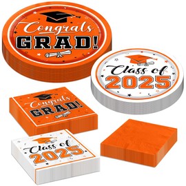 Graduation Party Plates and Napkins Orange Class of 2025 Grad Congrats Party Supplies Disposable Dessert Paper Plates Cocktail Napkins for Graduation Party Decorations,Serve 50