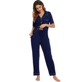 Lovasy Women's Long Short Sleeve Pyjamas with Buttons, Pyjamas for Women, Two-Piece Loungewear Set with Pockets and Drawstring, navy, XXL