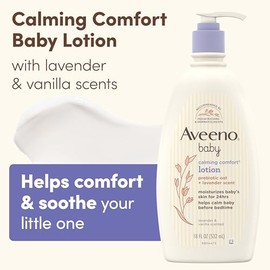 Aveeno Baby Loción corporal hidratante calmante con aromas relajantes de lavanda y vainilla, loción para bebé no grasa, avena prebiótica nutritiva, libre de parabenos y ftalatos, 18 fl. oz