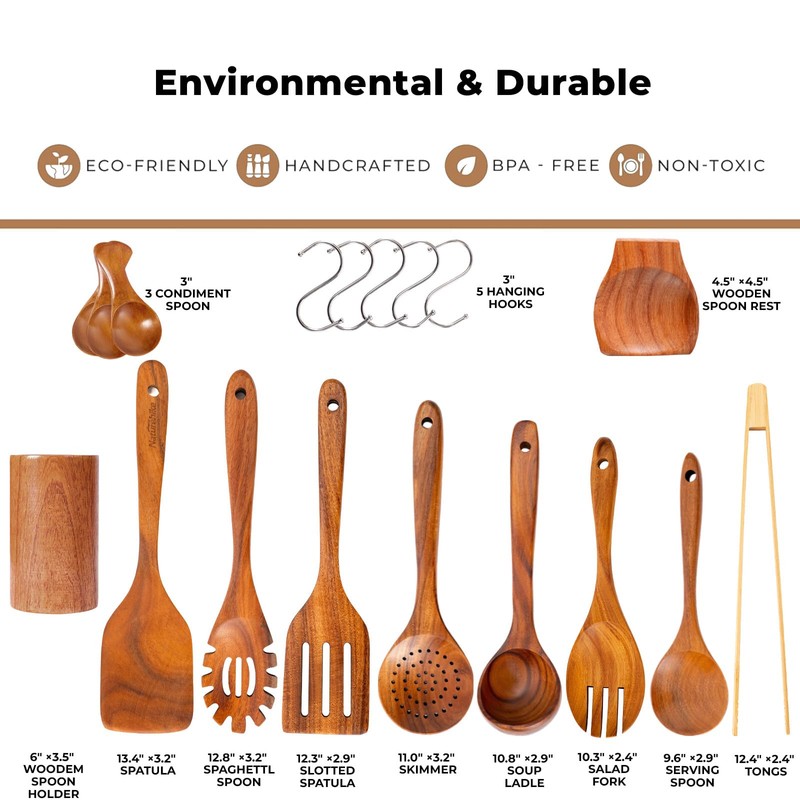 Wooden Spoons for Cooking, 10 PCs Kitchen Utensils Set with