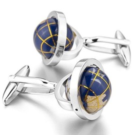 LBFEEL Really Spins Rhodium Plated Blue Globe Earth Cufflinks for Men with a Christmas Gift Box