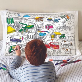 eatsleepdoodle 30x20in White Cotton Pillowcase with 10 Pack Washable Markers for Kids - Cars & Trucks Coloring Activity