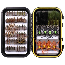 Wifreo Fly Fishing Flies Assortment with Waterproof Fly Box, 64pcs with Dry/Wet/Nymph/Streamer Flies, Trout/Bass/Panfish/Salmon Fishing Flies