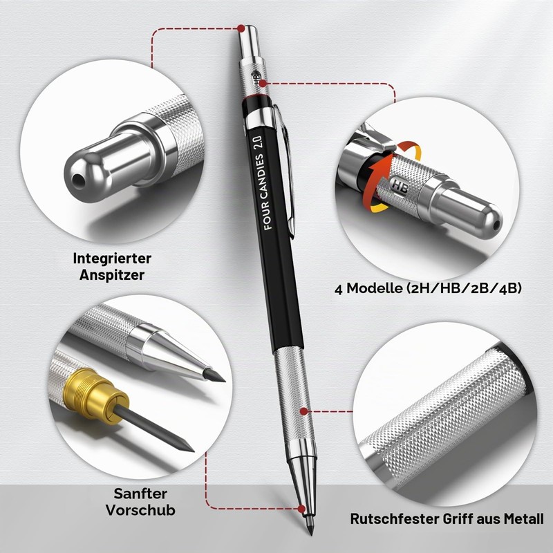 Four Candies Mechanical Pencil 2 mm Set, Pencils 2B, Metal,