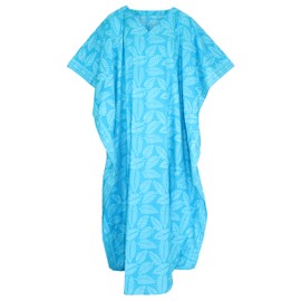 Beautybatik Turquoise Women Hand Blocked Batik Cotton Caftan Kaftan Loungewear Maxi Plus Size Long Dress 2X