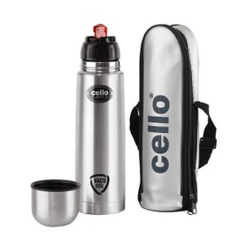 Cello Flipstyle Stainless Steel Vacuum Insulated Flask with Flip Lid and Jacket | Leak Proof | Double Walled Silver Bottle for Home, Office, Travel (34oz, Silver)