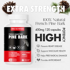 French Maritime Pine Bark Extract Strength 450 mg 120 Capsules 4 Month Supply Antioxidant Properties Cardiovascular Health Non-GMO No Sugar Allergen Free Made In Canada (pack of 2)