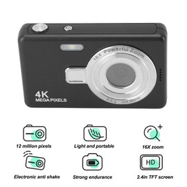 Digital Camera, 12MP 1080P Camera with 2.4in TFT Screen, 16X Zoom, Auto Focus, Digital Point and Shoot, for Vlog Travel (Black)