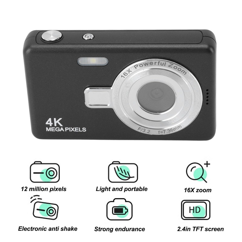 Digital Camera, 12MP 1080P Camera with 2.4in TFT Screen, 16X